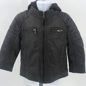 Kids Black Hooded Faux-Leather Jacket